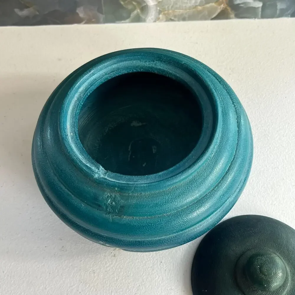 Vintage Lathe Turned Wooden Trinket Box with Lid Ombre Blue Teal